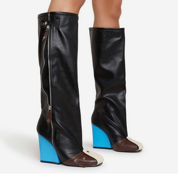 SENNA BUCKLE DETAIL SQUARE TOE BLUE WEDGE HEEL KNEE HIGH BOOT IN BLACK FAUX LEAT - Picture 4 of 12